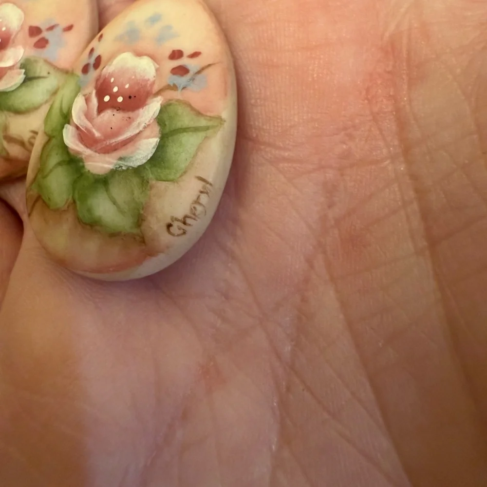 Vintage Hand Painted Pink Rose Egg Shaped Stud Earrings | Floral Jewelry